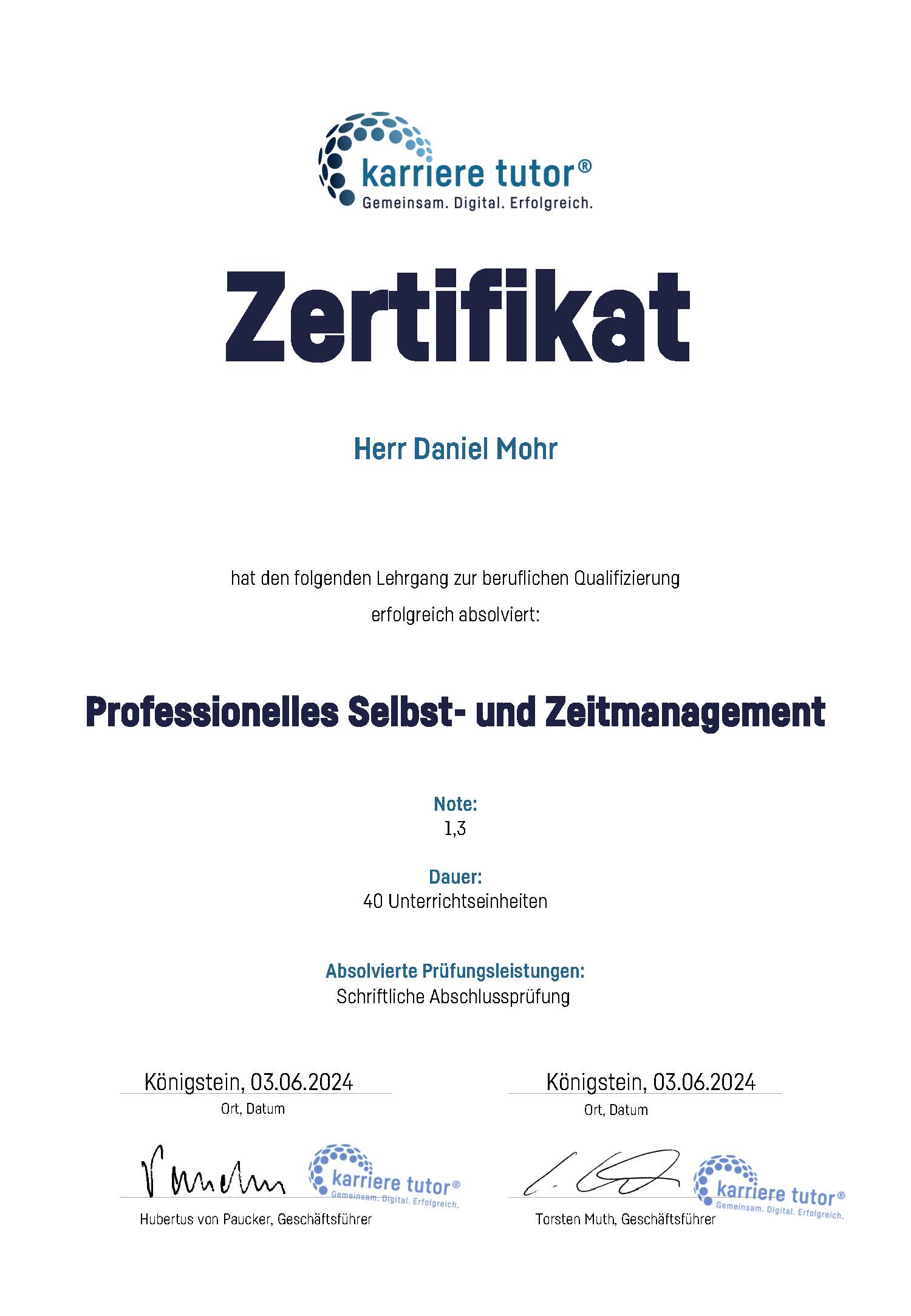 Zertifikat Professionelles Selbst- und Zeitmanagement